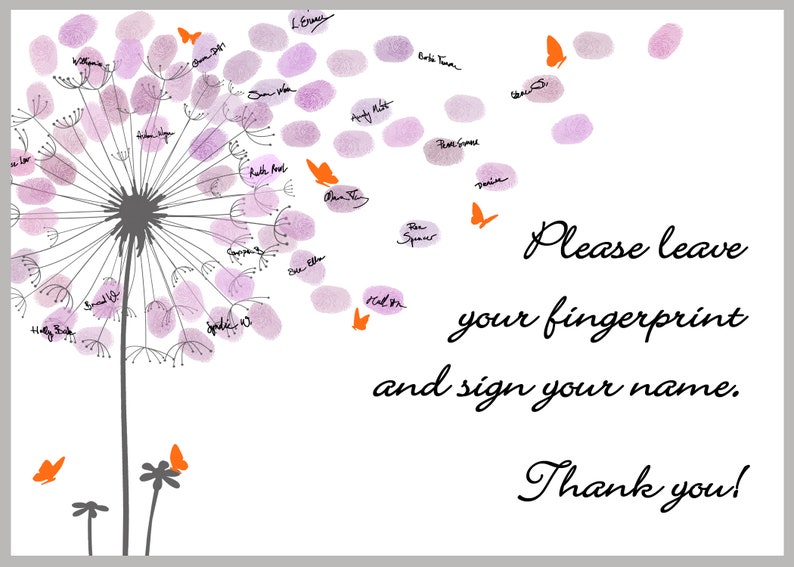 A white instruction card with a purple and gray dandelion illustration. The dandelion has orange butterflies flying away from it. The card has the text "Please leave your fingerprint and sign your name. Thank you!"
A white card with a black and white dandelion illustration. The dandelion has orange butterflies flying away from it. The text reads "Little Sophie A precious addition to our family."
Baby Shower Guest Book Alternative with Butterflies, Personalized Fingerprint Dandelion Guestbook.
