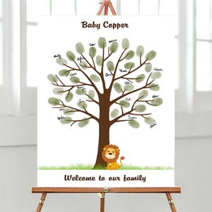 Personalized Woodland Animal Baby Shower Guest Book, Custom Lion Babyshower Fingerprint Tree, Safari Thumbprint Guestbook PRINTABLE Wall Art