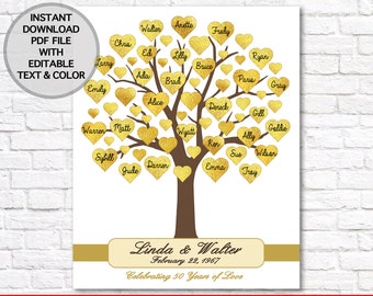 50th Anniversary Gift for Parents Gold Heart Tree, 50th Wedding or Any Year Anniversary Sign Personalized Poster / EDITABLE INSTANT DOWNLOAD
