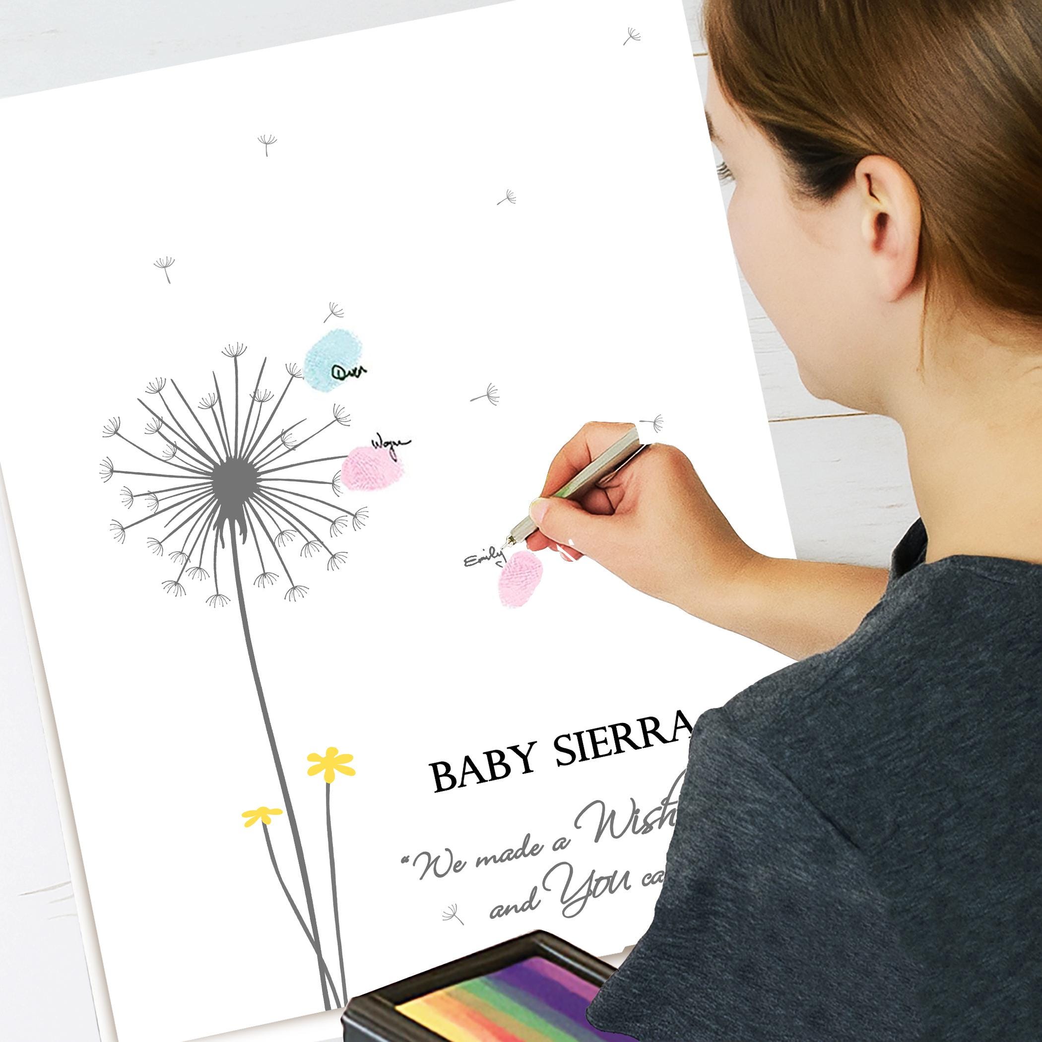 Girl Baby Shower Guest Book PRINT, Personalized Dandelion Fingerprint