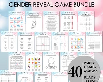May include: A collection of 40 printable gender reveal party games and signs. The bundle includes various games like bingo, tic-tac-toe, and prediction sheets, with a color scheme of pink and blue. Text on the image reads "Instant Download Gender Reveal Game Bundle."