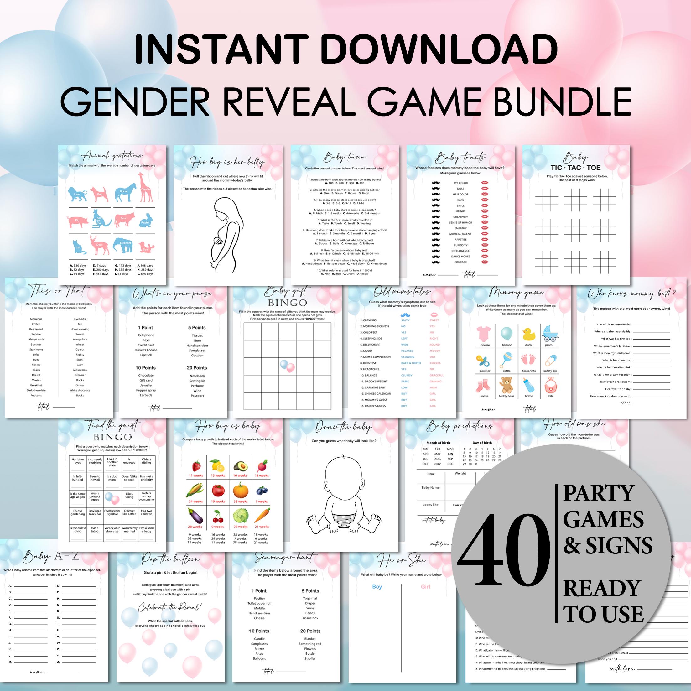 She Games Gender Reveal Games Bundle, Blue Pink Gender Reveal Party Game ...
