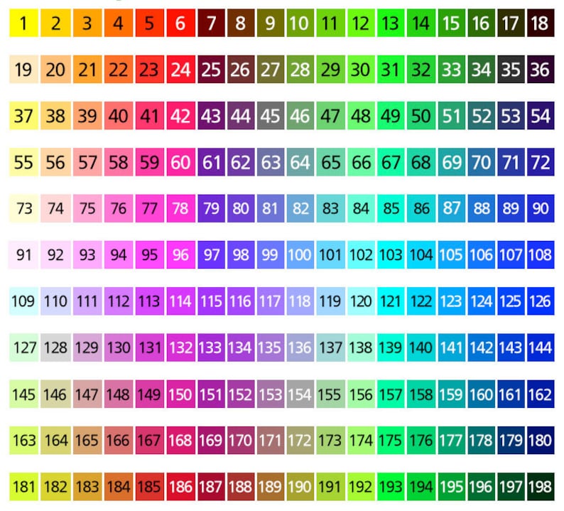 Peut inclure: Un nuancier avec 198 cases, chacune d'une nuance de couleur diff&eacute;rente. Les couleurs vont du jaune au rouge, au violet, au bleu et au vert. Les cases sont num&eacute;rot&eacute;es de 1 &agrave; 198.