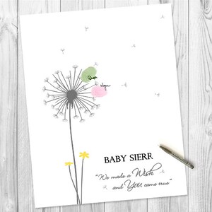 Signing the Girl Baby Shower Guest Book PRINT and printable digital download options, Personalized Dandelion Flower Fingerprint Tree, Thumbprint Babyshower Guestbook Alternative, Custom Wildflower Thumb Print Baby Girl Birthday Party Decor, Customized Gift with any text for any occasion, Baby Nursery Wall Art Ideas.
Your guests can leaf their thumb print and sign their names to personalize this unique Baby Shower dandelion design that you can appreciate for years on your wall.
