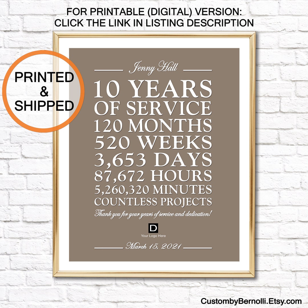 10 Year Work Anniversary PRINT, Personalized 10 Years of Service Thank You Gift for Worker 5 15