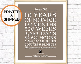 10 Year Work Anniversary PRINT, Personalized 10 Years of Service Thank You Gift for Worker 5 15 20 25 30 35 40 ANY YEAR Employee Retirement