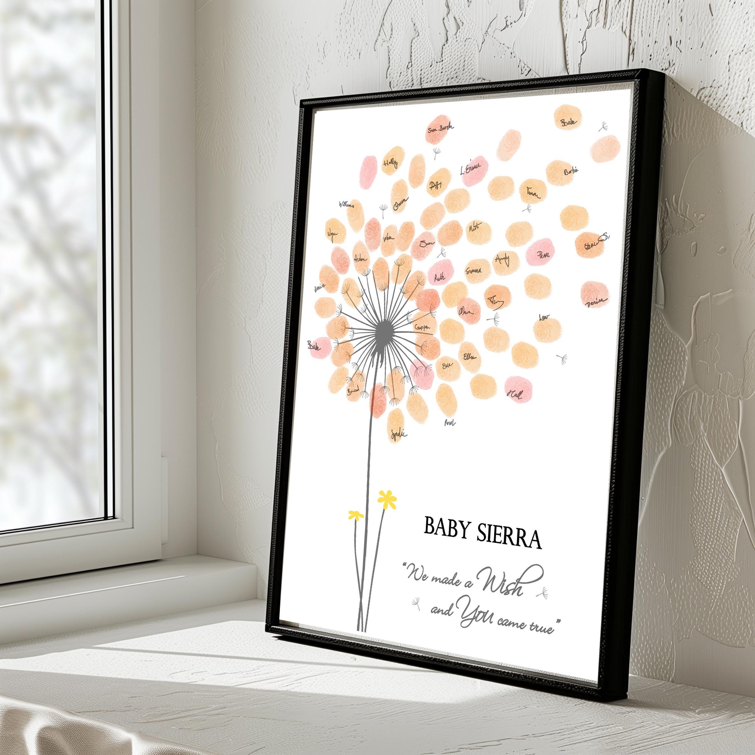 Girl Baby Shower Guest Book PRINT, Personalized Dandelion Fingerprint