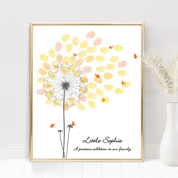 Baby Shower Guest Book Alternative Personalized Fingerprint Guest Book Dandelion Thumbprint Guestbook Custom Babyshower Girl Boy PRINTABLE
