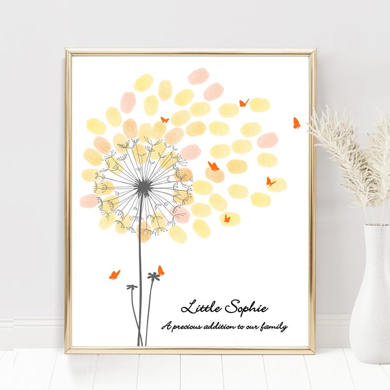Baby Shower Guest Book Alternative with Butterflies, Personalized Fingerprint Guest Book Dandelion Thumbprint Guestbook with Instruction Card, Custom Babyshower Baby Girl Boy or Gender Neutral PRINTABLE Wall Art Digital Finger Print Nursery Keepsake Thumb Gift for Mom-to-be or Gender Reveal Party Game.