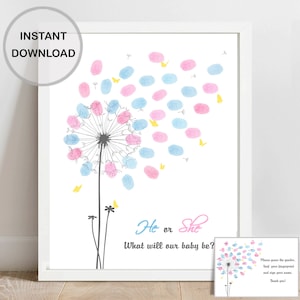 Gender Reveal Dandelion Fingerprint Guest Book, He or She Gender Guess Printable Pink Blue Guestbook Girl or Boy Party Sign INSTANT DOWNLOAD