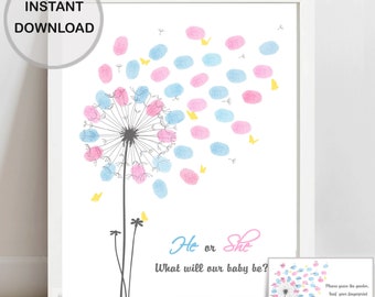 Gender Reveal Löwenzahn Fingerabdruck-Gästebuch, He oder She Gender Guess Printable Pink Blue Gästebuch Mädchen oder Junge Party Schild INSTANT DOWNLOAD