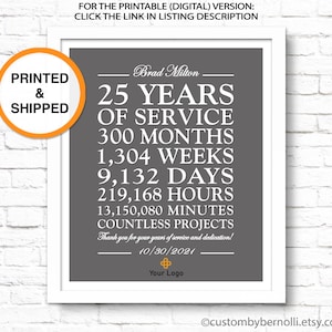 Personalized 25 Year Work Anniversary PRINT 25 Years of Service, Thank You Gift for Worker 10 15 20 30 40 50 ANY YEAR Retirement Party Sign