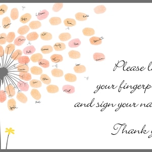Girl Baby Shower Guest Book PRINT and printable digital download options, Personalized Dandelion Flower Fingerprint Tree, Thumbprint Babyshower Guestbook Sign Alternative, Custom Wildflower Thumb Print Baby Girl Birthday Party Decor, Customized Gift with any text for any occasion, Baby Nursery Wall Art Ideas.
Your guests can leaf their thumb print and sign their names to personalize this unique Baby Shower dandelion design that you can appreciate for years on your wall.
