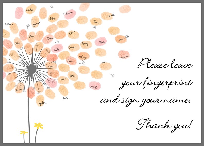 Girl Baby Shower Guest Book PRINT and printable digital download options, Personalized Dandelion Flower Fingerprint Tree, Thumbprint Babyshower Guestbook Sign Alternative, Custom Wildflower Thumb Print Baby Girl Birthday Party Decor, Customized Gift with any text for any occasion, Baby Nursery Wall Art Ideas.
Your guests can leaf their thumb print and sign their names to personalize this unique Baby Shower dandelion design that you can appreciate for years on your wall.