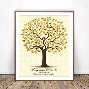 Peut inclure: Un arbre dor&eacute; avec une canop&eacute;e en forme de c&oelig;ur et deux oiseaux rouges perch&eacute;s sur une branche. L'arbre est entour&eacute; d'un fond blanc avec un motif d&eacute;licat. Le texte "Troy and Sarah 1963-2013 Celebrating 50 years of Love" est imprim&eacute; sous l'arbre.