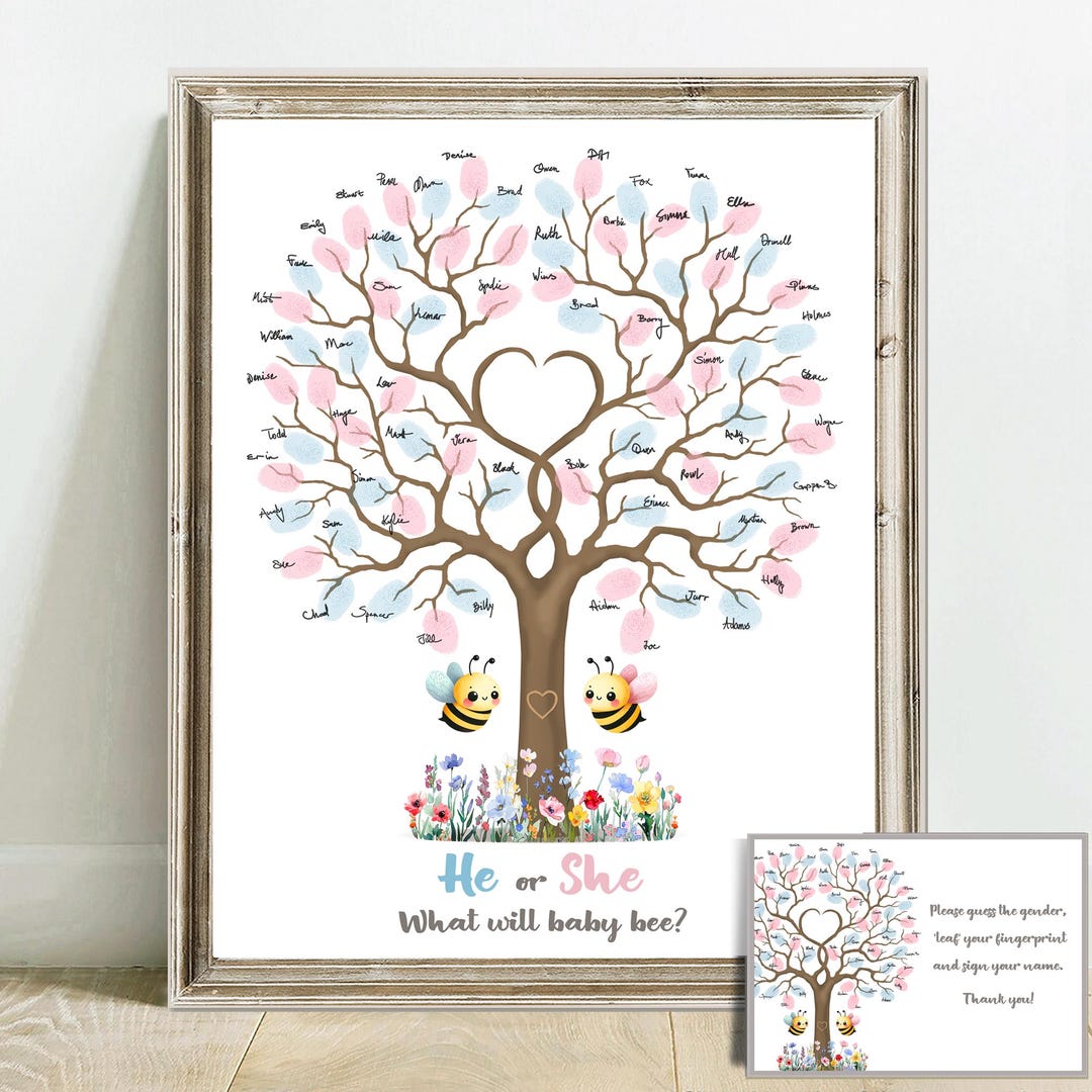 Bee Gender Reveal Game Wildflower Fingerprint Guest Book, He or She