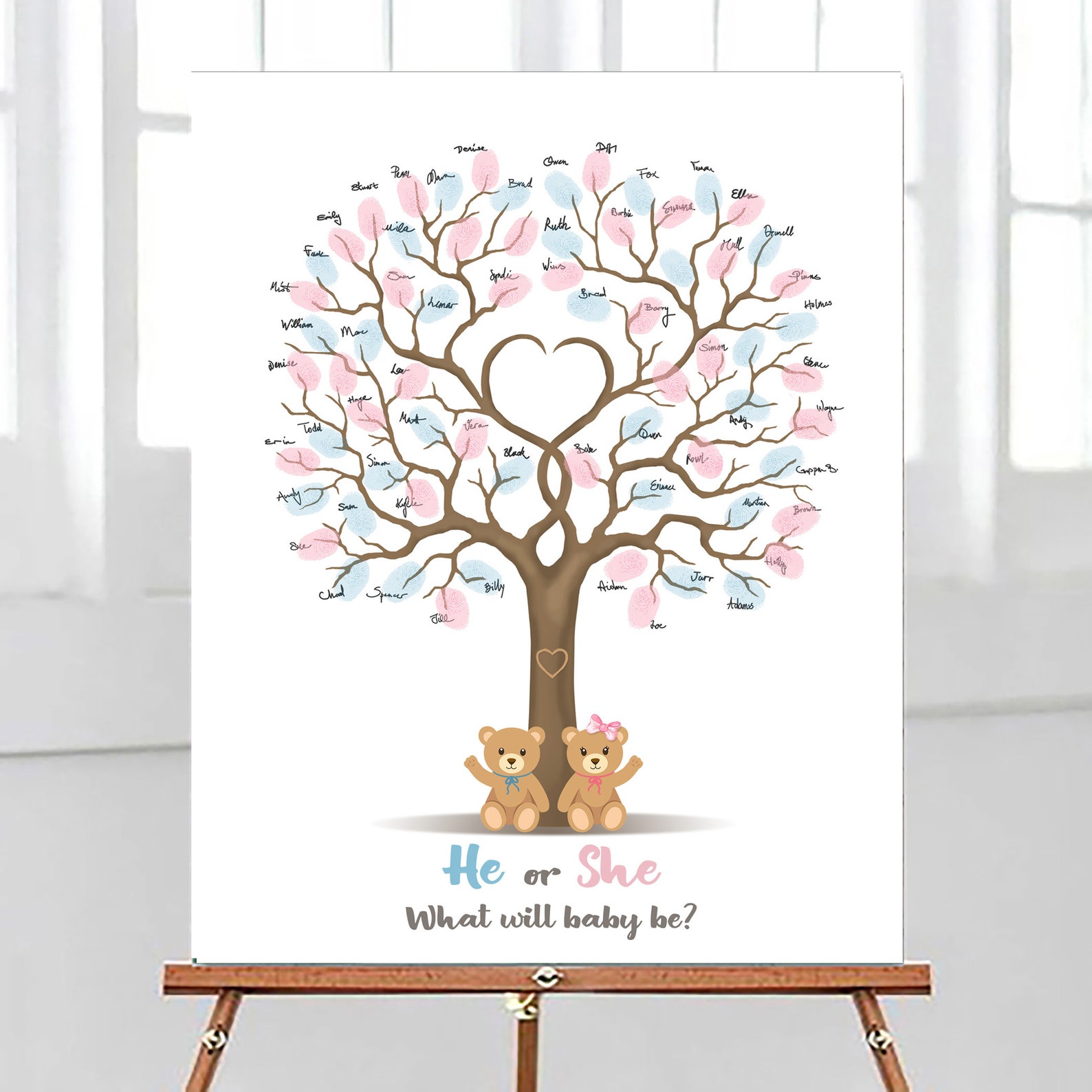 Teddy Bear Gender Reveal Tree Fingerprint Guest Book Blue Pink He She ...