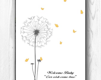 Baby Shower Guest Book Alternative Fingerprint Tree, Thumb Print Finger Print Guestbook Thumbprint Dandelion Flower Babyshower EDITABLE Text