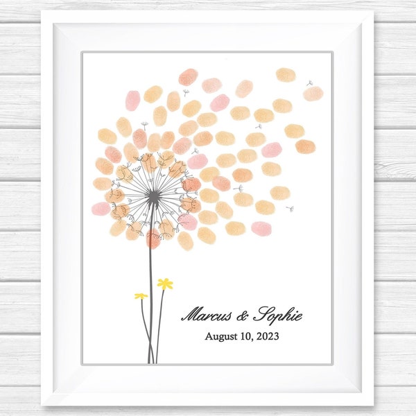 Personalized Wedding Guest Book Alternative, Wedding Guestbook, Dandelion Fingerprint Guest Book, Custom Thumbprint Guestbook Tree Printable