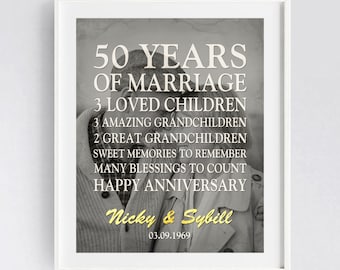 50-jarig jubileumcadeau voor ouders met uw foto, gouden jubileum gepersonaliseerde gouden 50 jaar of ELK JAAR huwelijksverjaardag AFDRUKBAAR