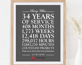 Personalized Employee Gifts, Custom Work Anniversary Gift, ANY YEAR of Service, Worker Coworker Retirement Appreciation Thank You, PRINTABLE