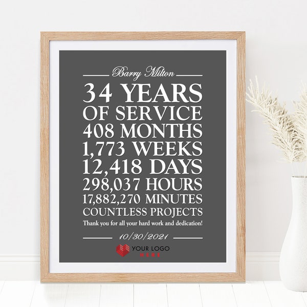 Personalized Employee Gifts, Custom Work Anniversary Gift, ANY YEAR of Service, Worker Coworker Retirement Appreciation Thank You, PRINTABLE