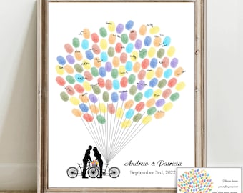 Personalized Wedding Guest Book Alternative with Tandem Bike Bride & Groom Silhouette, PRINTABLE Custom Fingerprint Guestbook Bicycle Print