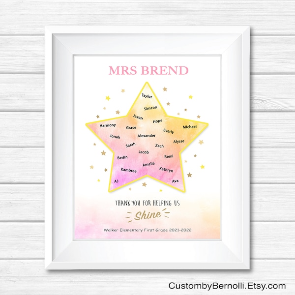 Personalized Teacher Star Gift, Custom Teacher Appreciation Gift for Teacher, Class Names, End of Year, PRINTABLE, Watercolor Style Poster