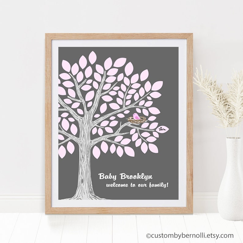 Girl Baby Shower Guest Book Alternative Personalized Babyshower Guestbook Idea Custom PRINTABLE Tree with Bird Party Decor Nursery Art Print image 4