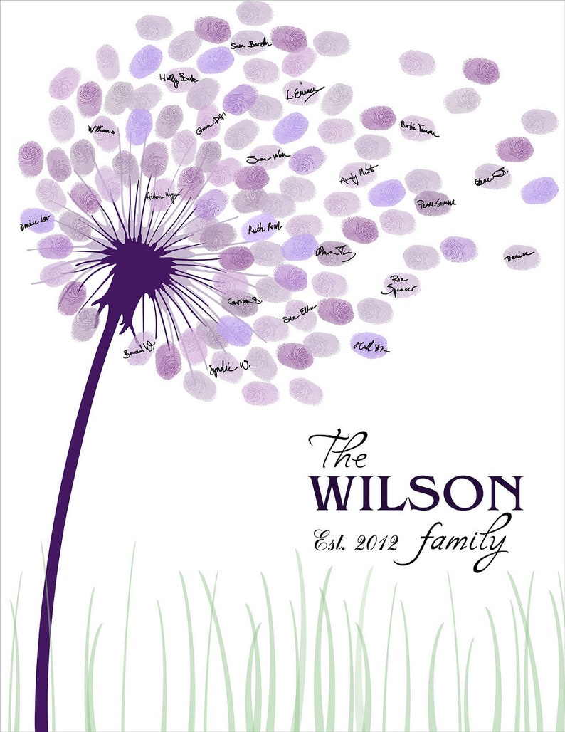 Wedding Guestbook, Family Tree, Fingerprint Guest book Printable Dandelion Fingerprint Signature Anniversary, Purple Wedding Guest Book Tree 