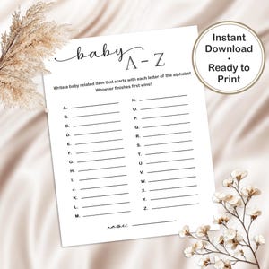 Jeu de société révélant le genre de bébé de A à Z, carte d'article alphabet numérique, modèle de devinette de genre minimaliste pour baby shower imprimable, TÉLÉCHARGEMENT IMMÉDIAT