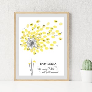 Girl Baby Shower Guest Book PRINT and printable digital download options, Personalized Dandelion Flower Fingerprint Tree, Thumbprint Babyshower Guestbook Sign Alternative, Custom Wildflower Thumb Print Baby Girl Birthday Party Decor, Customized Gift with any text for any occasion, Baby Nursery Wall Art Ideas.
Your guests can leaf their thumb print and sign their names to personalize this unique Baby Shower dandelion design that you can appreciate for years on your wall.