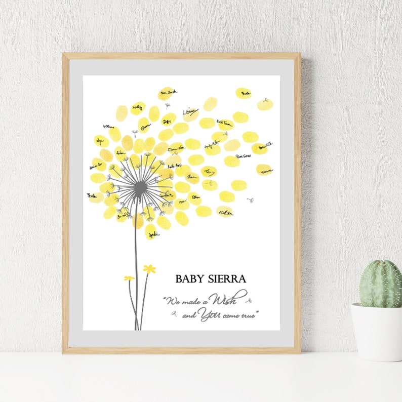 Girl Baby Shower Guest Book PRINT and printable digital download options, Personalized Dandelion Flower Fingerprint Tree, Thumbprint Babyshower Guestbook Sign Alternative, Custom Wildflower Thumb Print Baby Girl Birthday Party Decor, Customized Gift with any text for any occasion, Baby Nursery Wall Art Ideas.
Your guests can leaf their thumb print and sign their names to personalize this unique Baby Shower dandelion design that you can appreciate for years on your wall.