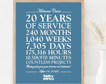 Personalized Work Anniversary Gift, 10 Year 15 Year 20 Year 25 Year 30 Year 35 Year 40 Year 45, 50, ANY YEAR of Service, Employee, Printable