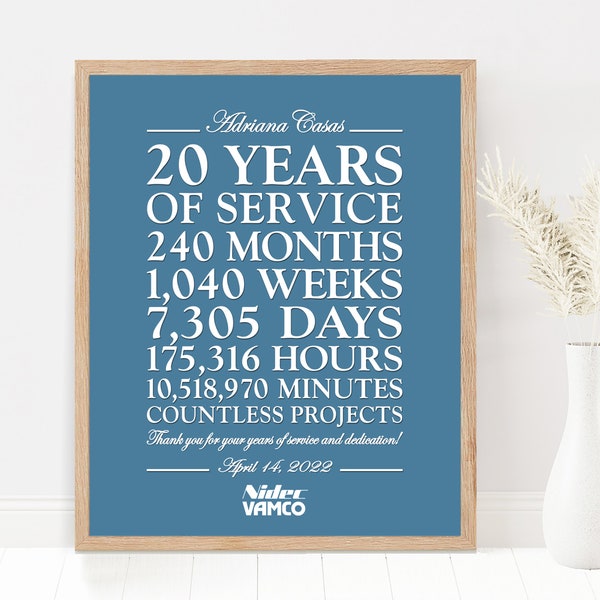 Personalized Work Anniversary Gift, 10 Year 15 Year 20 Year 25 Year 30 Year 35 Year 40 Year 45, 50, ANY YEAR of Service, Employee, Printable