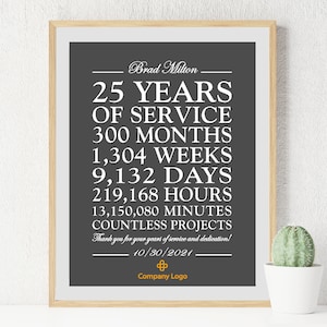 Regalo de aniversario de trabajo de 25 años, regalo personalizado de agradecimiento a los empleados de 25 años de servicio, regalo de agradecimiento de CUALQUIER AÑO para un compañero de trabajo, IMPRIMIBLE