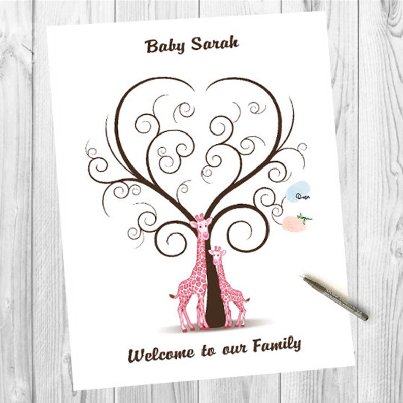 Baby Shower Guest Book Alternative, Pink Giraffe Fingerprint Guestbook, First Birthday Thumbprint Tree, Custom Babyshower Wall Art PRINTABLE image 3