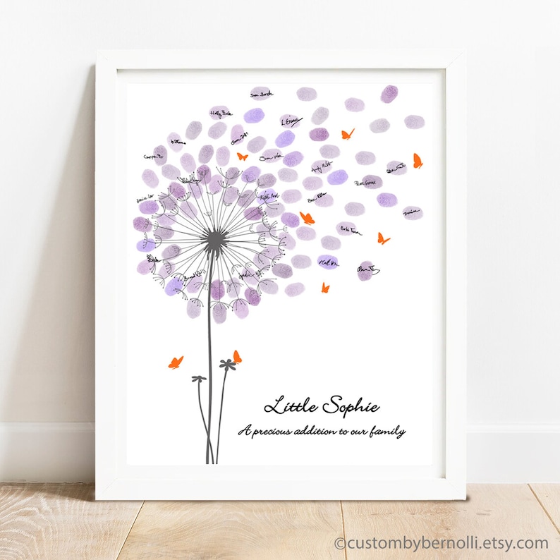 A white card with a black and white dandelion illustration. The dandelion has orange butterflies flying away from it. The text reads "Little Sophie A precious addition to our family."
Baby Shower Guest Book Alternative with Butterflies, Personalized Fingerprint Guest Book Dandelion Thumbprint Guestbook with Instruction Card, Custom Babyshower Baby Girl Boy or Gender Neutral PRINTABLE Wall Art Digital Finger Print Nursery Keepsake Thumb Gift for Mom-to-be or Gender Reveal Party Game.