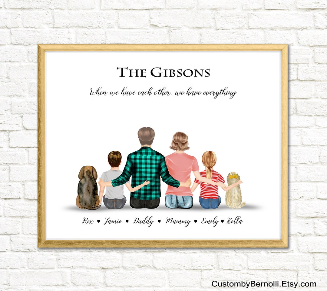 Custom Family Portrait, Personalized Family Print With Pet, Dog, Gift ...