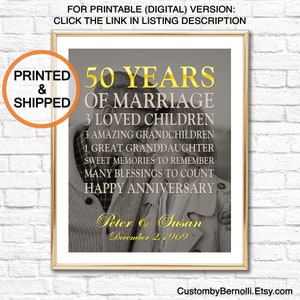 Personalized 50th Anniversary PRINT from Photo, 50 Years Married or ANY YEAR, Gold Wedding Sign, Golden Anniversary Gift for Parents for Mom