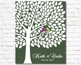 Personalized Wedding Guest Book with kissing love birds, Custom Wedding Tree Guest Book Leaves Guestbook Alternative Printable Party Sign