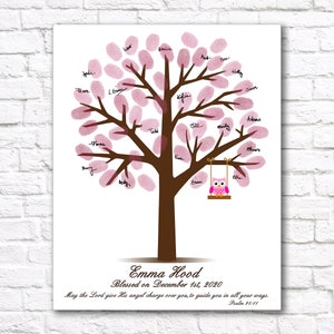 Personalized Baptism Gift for Girl Boy, Baptism Favors PRINTABLE Baptism Decorations Girl Guestbook Tree, Owl Fingerprint Guest Book Sign in