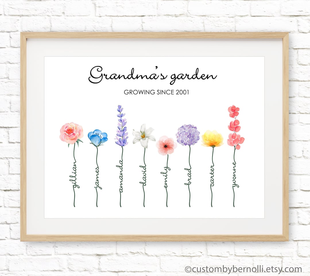 Custom Floral Family Wall Art Grandma's Garden Print, Watercolor Birth Month Flower