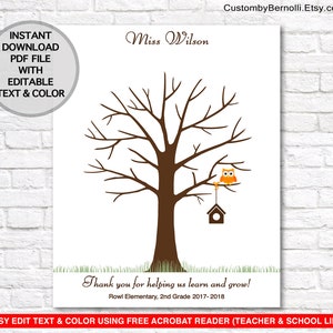 Teacher Appreciation Gift, Owl Fingerprint Tree Custom Gift for Teacher Thank You Gift Kindergarten Teacher Gift / EDITABLE INSTANT DOWNLOAD