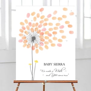 Girl Baby Shower Guest Book Sign PRINT and printable digital download options, Personalized Dandelion Flower Fingerprint Tree, Thumbprint Babyshower Guestbook Alternative, Custom Wildflower Thumb Print Baby Girl Birthday Party Decor, Customized Gift with any text for any occasion, Baby Nursery Wall Art Ideas.
Your guests can leaf their thumb print and sign their names to personalize this unique Baby Shower dandelion design that you can appreciate for years on your wall.
