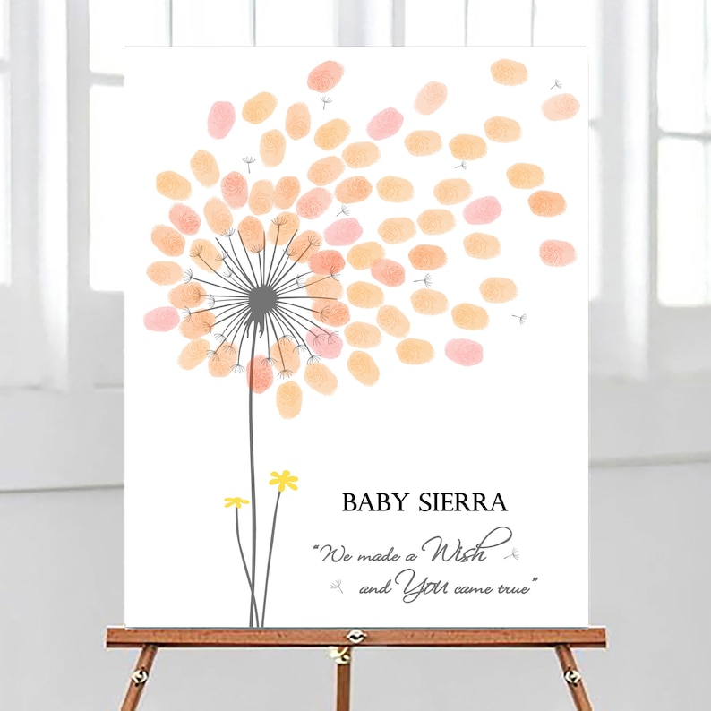 Girl Baby Shower Guest Book Sign PRINT and printable digital download options, Personalized Dandelion Flower Fingerprint Tree, Thumbprint Babyshower Guestbook Alternative, Custom Wildflower Thumb Print Baby Girl Birthday Party Decor, Customized Gift with any text for any occasion, Baby Nursery Wall Art Ideas.
Your guests can leaf their thumb print and sign their names to personalize this unique Baby Shower dandelion design that you can appreciate for years on your wall.