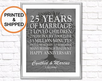 May include: A framed wall art print featuring a dark gray background with a tree silhouette and white text that reads 25 YEARS OF MARRIAGE, 2 LOVED CHILDREN, 219.000 HOURS TOGETHER, 13 MILLION MINUTES, SWEET MEMORIES, MANY BLESSINGS, HAPPY ANNIVERSARY, Cynthia & Marcus, 5.10.1996.