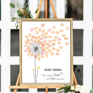 Girl Baby Shower Guest Book PRINT and printable digital download options, Personalized Dandelion Flower Fingerprint Tree, Thumbprint Babyshower Guestbook Sign Alternative, Custom Wildflower Thumb Print Baby Girl Birthday Party Decor, Customized Gift with any text for any occasion, Baby Nursery Wall Art Ideas.
Your guests can leaf their thumb print and sign their names to personalize this unique Baby Shower dandelion design that you can appreciate for years on your wall.