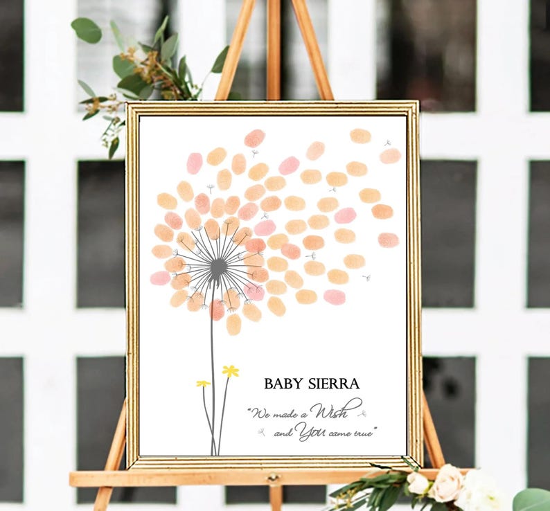 Girl Baby Shower Guest Book PRINT and printable digital download options, Personalized Dandelion Flower Fingerprint Tree, Thumbprint Babyshower Guestbook Sign Alternative, Custom Wildflower Thumb Print Baby Girl Birthday Party Decor, Customized Gift with any text for any occasion, Baby Nursery Wall Art Ideas.
Your guests can leaf their thumb print and sign their names to personalize this unique Baby Shower dandelion design that you can appreciate for years on your wall.