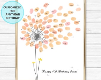 Personalized birthday gift for women Any year birthday printable Custom guest book alternative dandelion fingerprint guestbook digital print